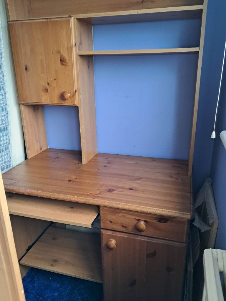 Solid Wooden Study Desk with Shelving Unit and 2 Storage Cupboards