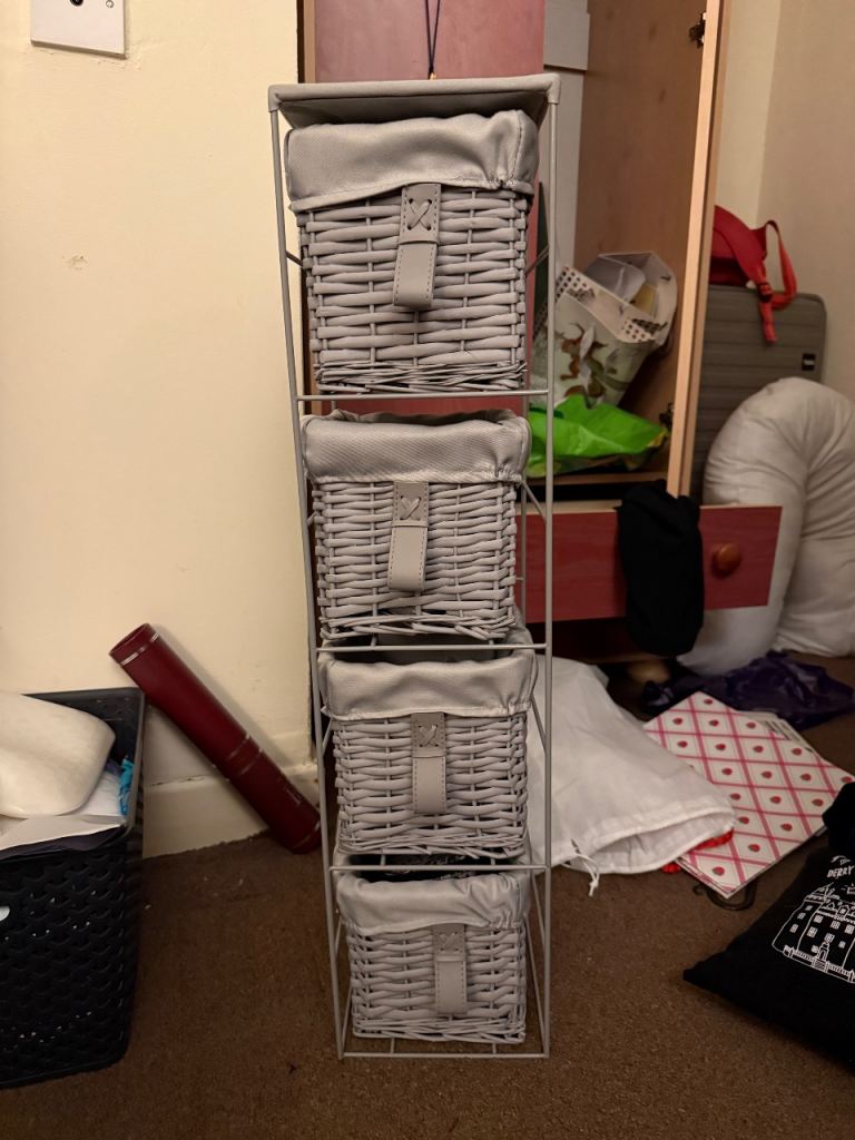 Grey Metal Storage Unit with 4 Wicker Baskets