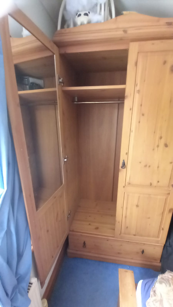 Large Wooden Two Door Wardrobe with Mirror, Shelf, Rail & Drawer