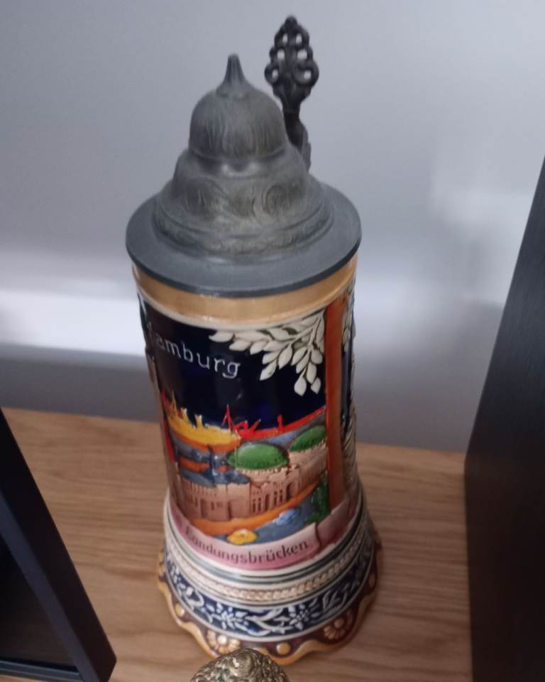 Vintage Ceramic Beer Stein with Pewter Lid, Hamburg Design, 25cm Tall