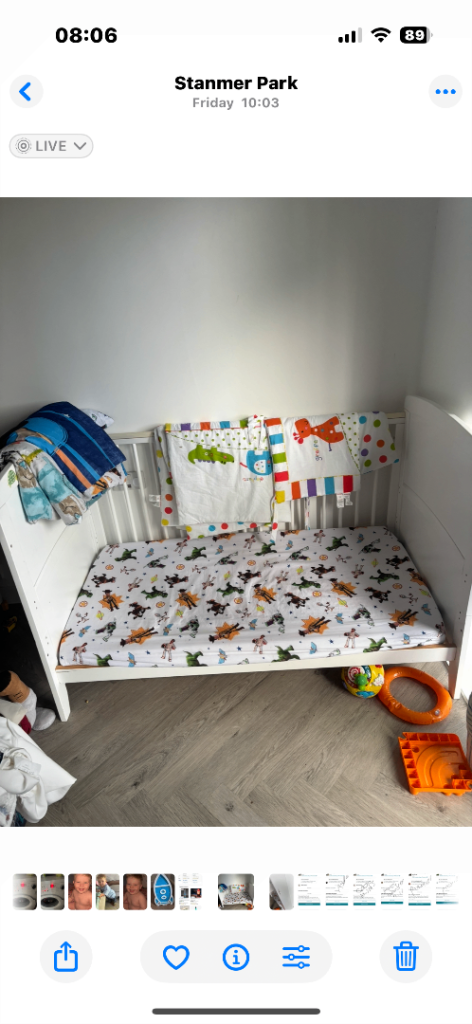 White Cot Bed with Mattress and Bedding – Barely Used