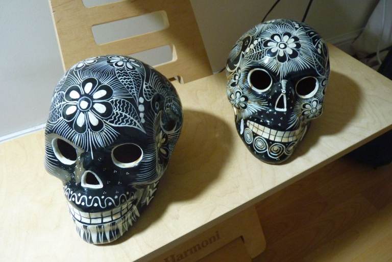 image for 'Day of the Dead' Mexican ceramic skulls - almost full-size; hand-painted in black & white
