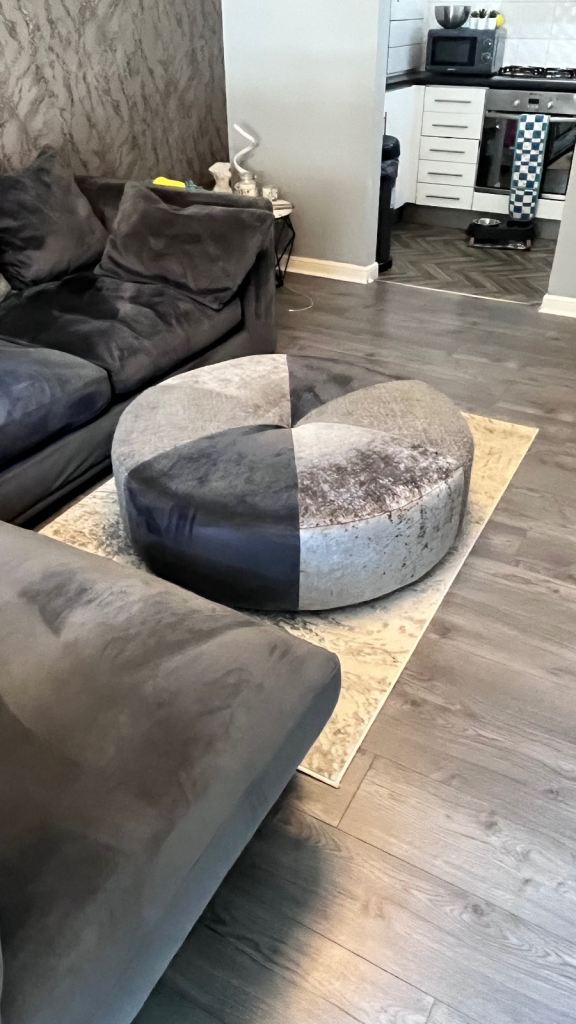 DFS Grey Fabric Corner Sofa with Matching Footstool, Good Condition