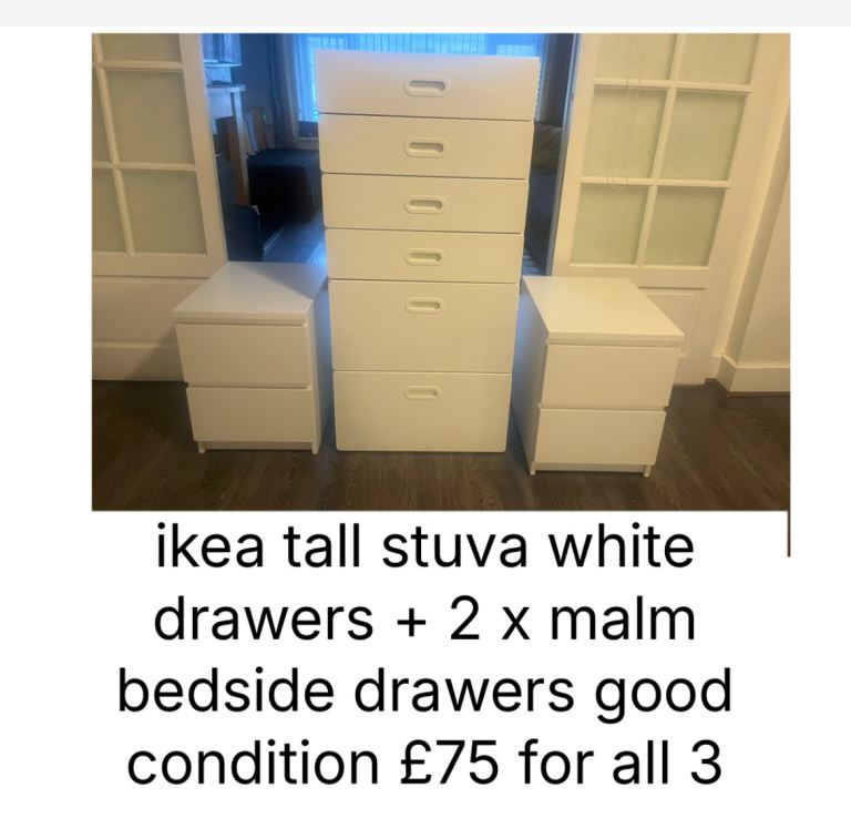 ikea tall stuva white drawers + 2 x malm bedside drawers good condition £75 for all 3