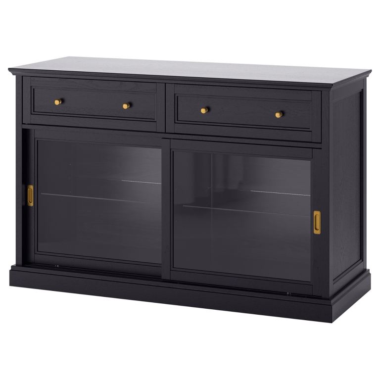 IKEA MALSJÖ large sideboard console table, black stained, two drawers and glass doors, 145x92x48 cm