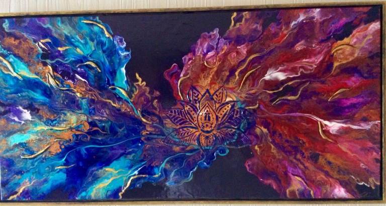 Vibrant original acrylic painting with textured lotus , abstract artwork,  framed 