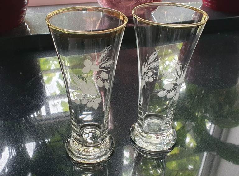 2 Vintage Pilsner Glasses 1960's Gold Rims