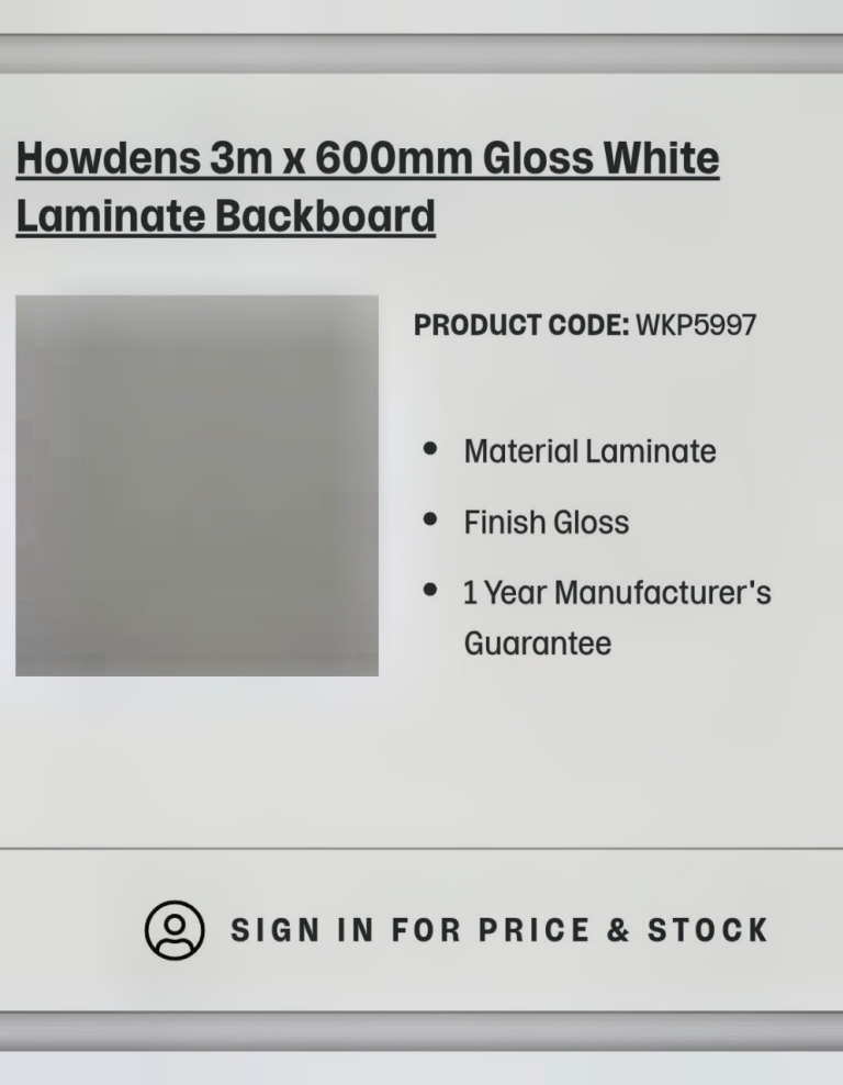 New Howdens 3m Gloss White Laminate Backboard WKP5997 - 2 Available 
