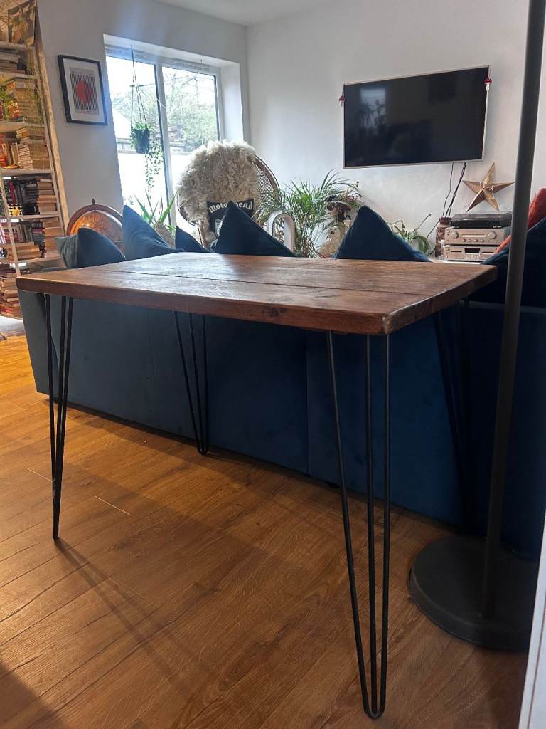 Reclaimed wood desk with hairpin legs