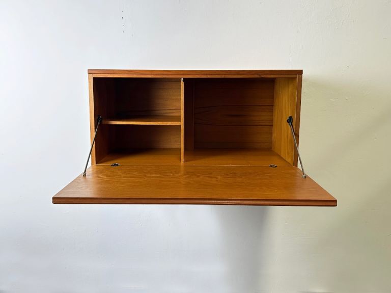 Mid-Century wall-mounted illuminated drop-front desk cabinet by Beaver & Tapley
