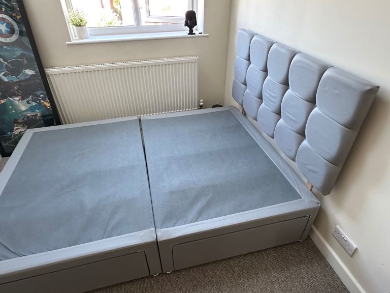 Double (small double size) Divan Bed Base with Padded Headboard – Grey, Good Condition