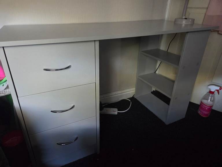 Grey Desk with Drawers and Shelves – Good Condition