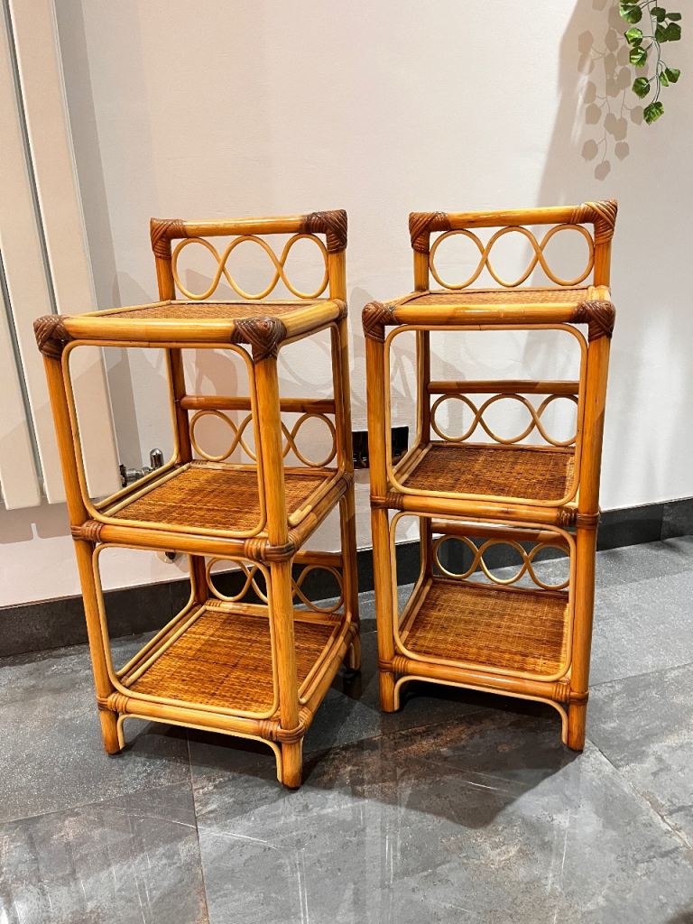 Pair Vintage Boho Bedside Tables Bamboo Rattan Nightstands