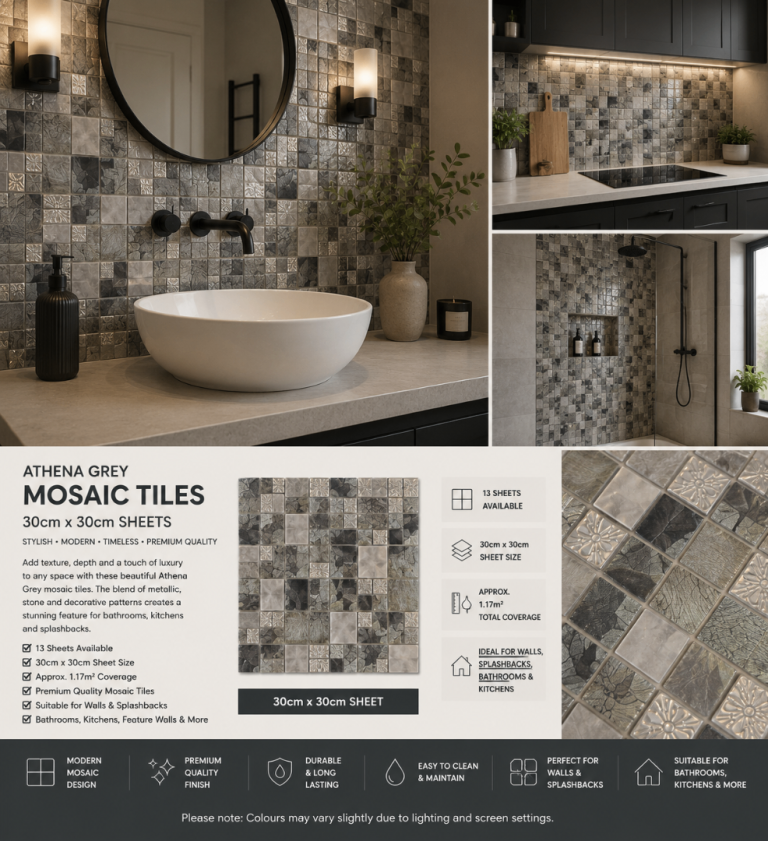 Athena Grey Mosaic Tiles 30x30cm – 13 Sheets – Bathroom Kitchen Splashback Approx. 1.17m²