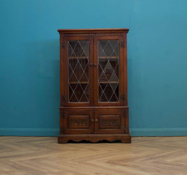 vintage antique style old charm oak glazed bookcase display cabinet