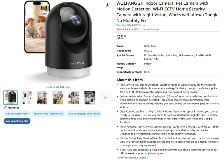 Brand New WOLFANG 2K Smart Pet Cam - WiFi CCTV Home Security Camera - Half Price