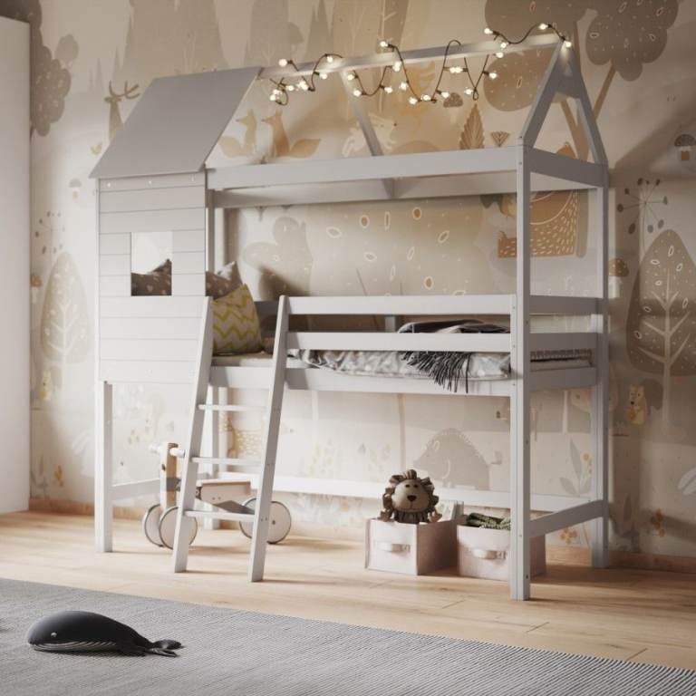 Childrens. White Wooden Hideaway Treehouse cabin bed/midsleeper - With Mattress