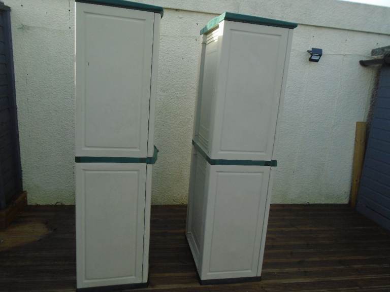 2 x TALL PLASTIC GARDEN CABINETS/SHEDS USED VERY GOOD CONDITION