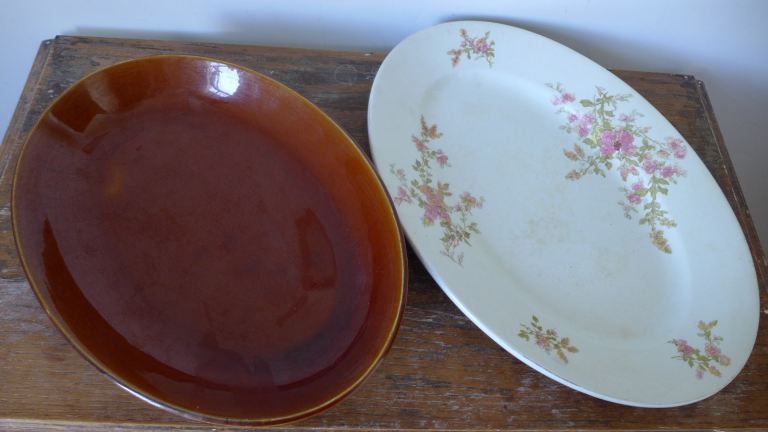 TWO LARGE VINTAGE ANTIQUE OVAL SERVICING DISHES SERVING PLATES SERVING PLATTERS. 