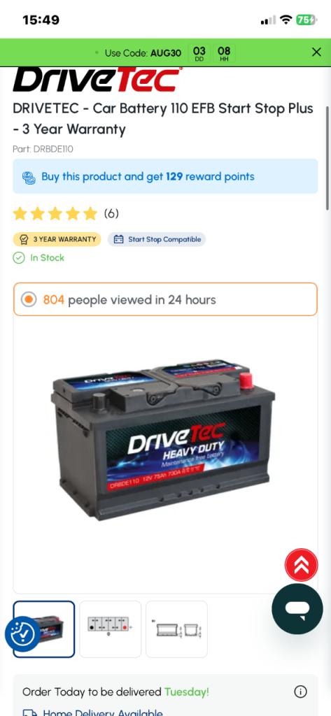 Car Battery used for a day 
