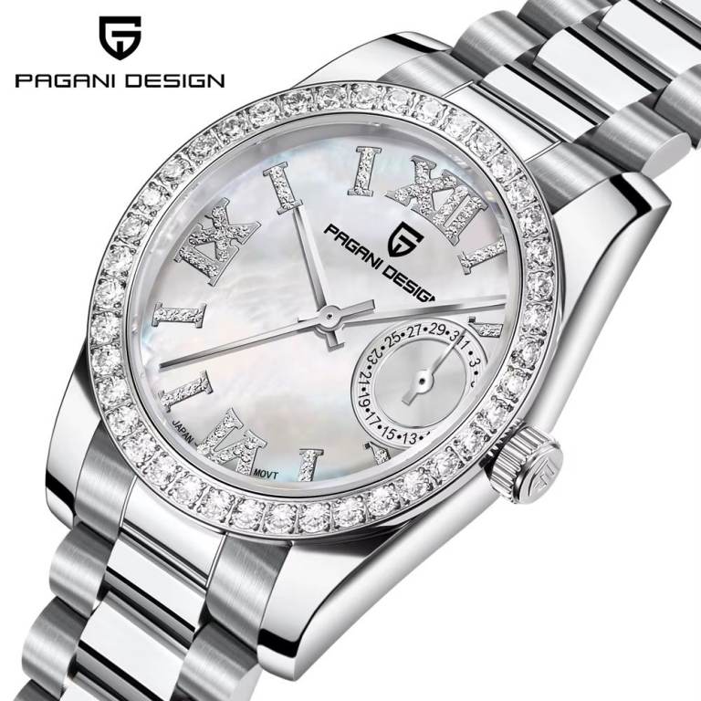 New Ladies PAGANI DESIGN Seiko VK6 Movement White Face Magnified Date Steel Bracelet Watch