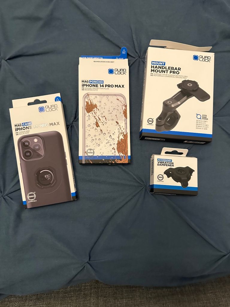 Quad Lock Pro Handlebar Mount, Vibration Damper and iPhone 14 Pro Max Case and Cover