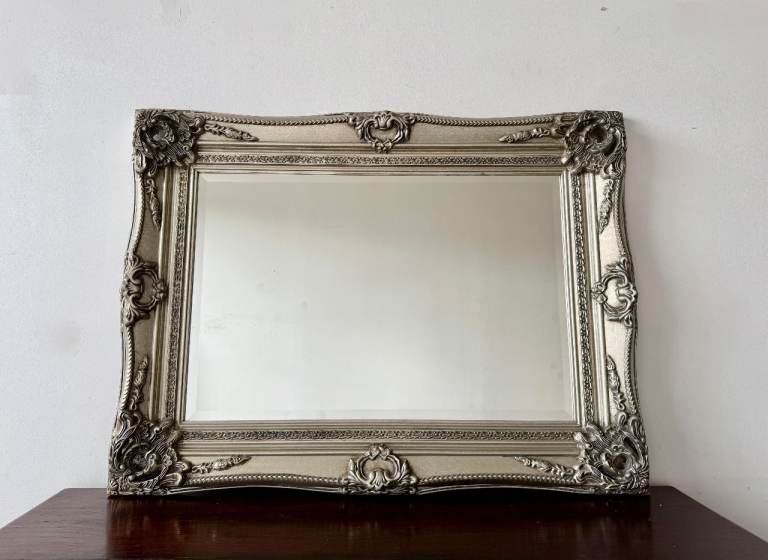 Antique Style Mirror with Silver Frame and Beveled Edge