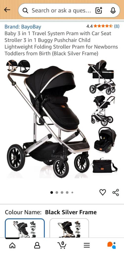 BAYOBAY 3-in-1 Baby Travel System – Pram, Carrycot & Car Seat – Black