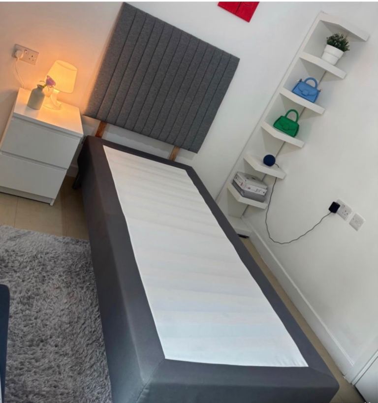 Ikea Single Bed Base with Grey Fabric Headboard – As Good As New