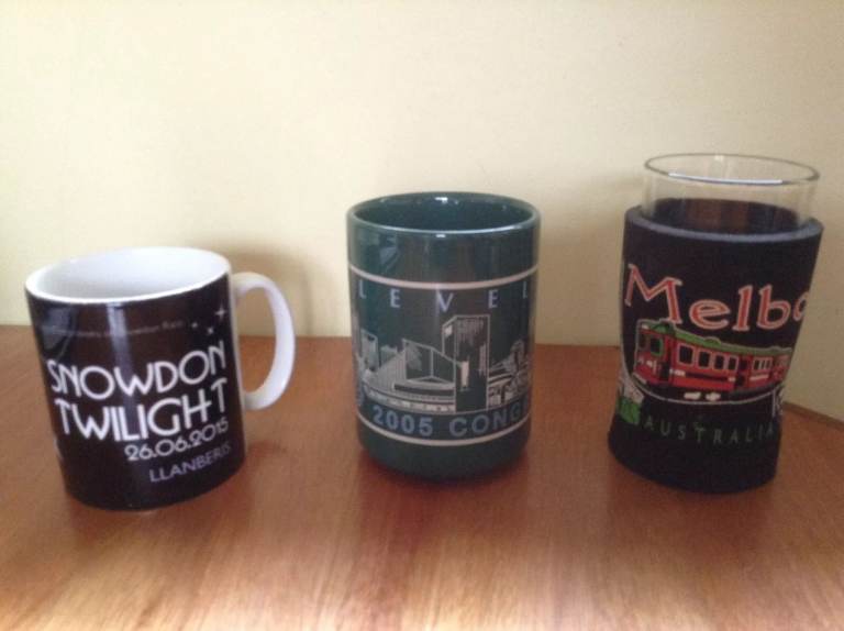 Mugs (Snowdon Twilight 2015 & Cleveland 2005 Soc Biomech) + glass + warmholder
