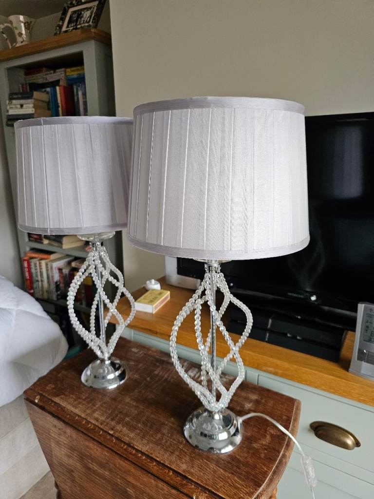 Pair of Beaded Silver Table Lamps with White Shades