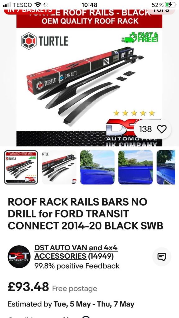 TRANSIT CONNECT SWB MK2 BLACK ROOF BARS WITH ALL FITTINGS MONTH OLD