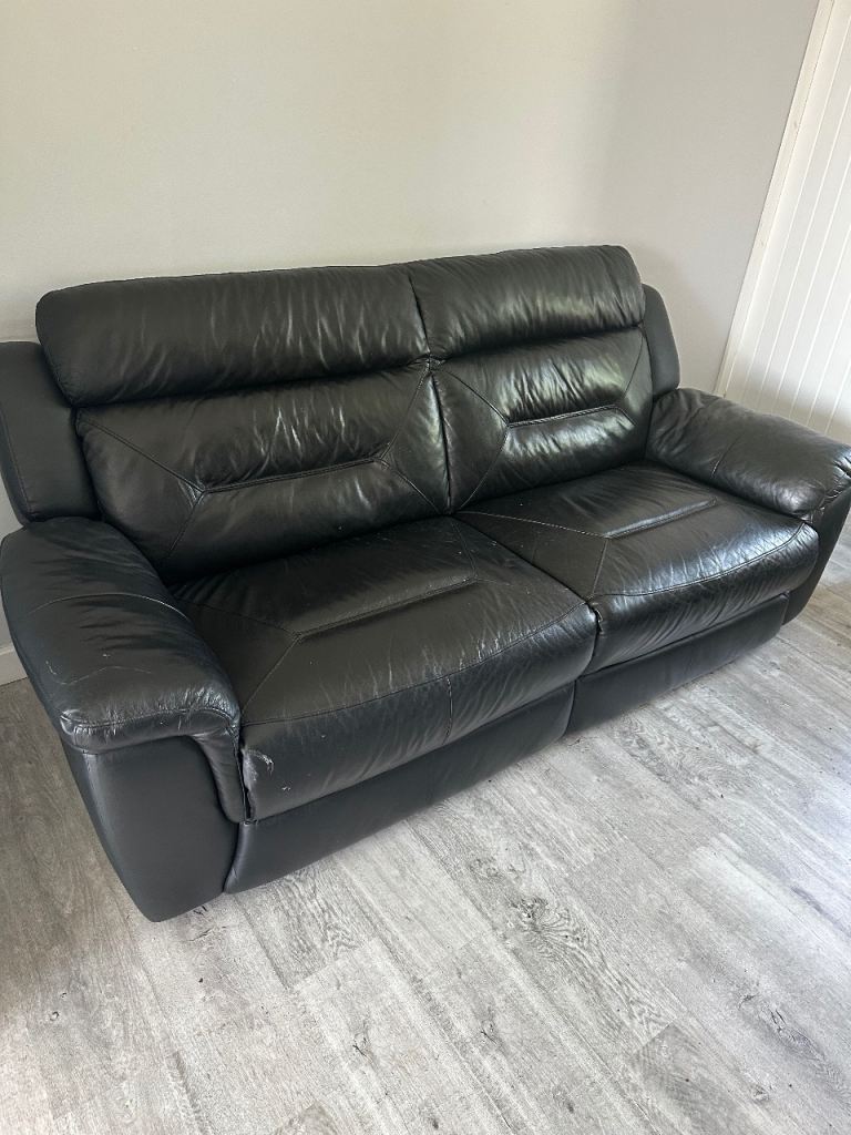  2x Black Leather Two-Seater Sofa – Fair Condition
