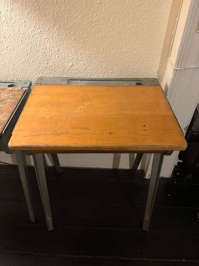 Vintage 1950s ESAVIAN school desk with hinged lid in light wood with metal frame