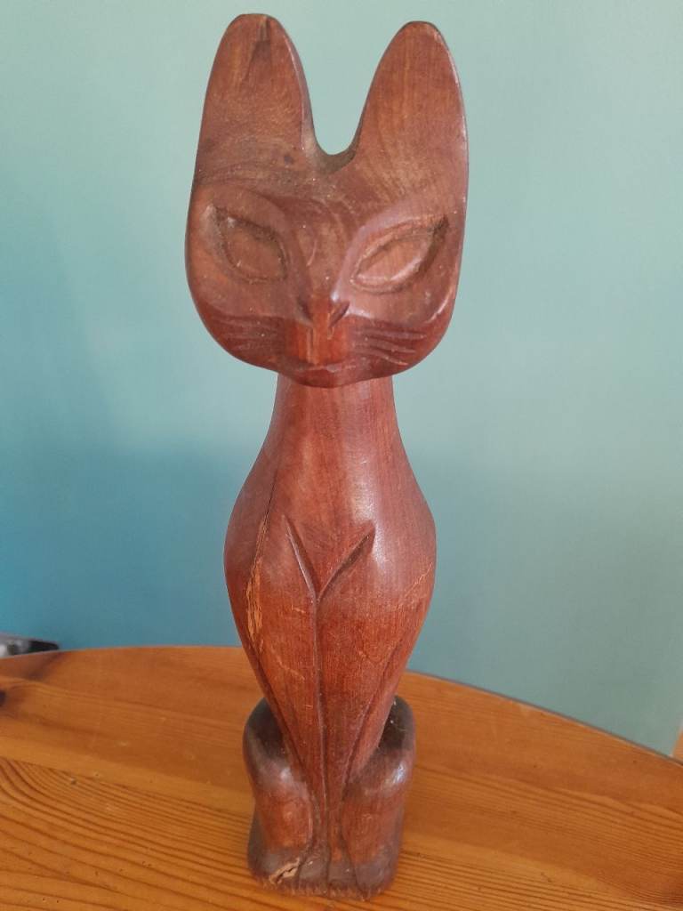 Hand Carved Wooden Cat Standing 12" Tall