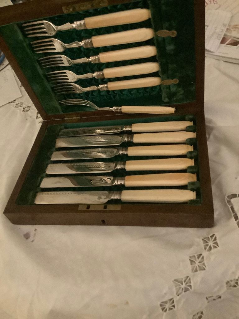 knife and fotk set in silver ivory handles very nice if guests ate coming for meal