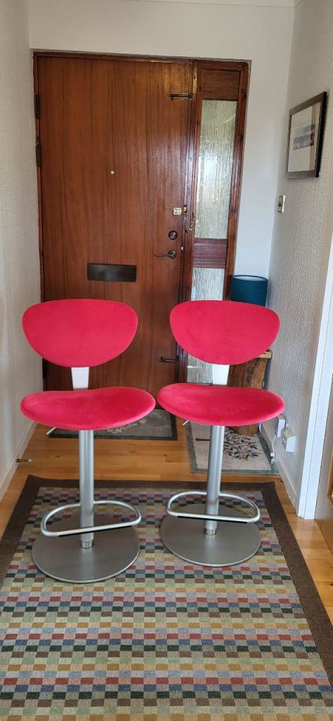 Pair of Red Swivel Height-Adjustable Bar Stools – Good Condition