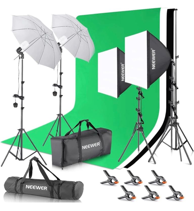 Studio Photography Kit - Green Screen, Lights & Stands