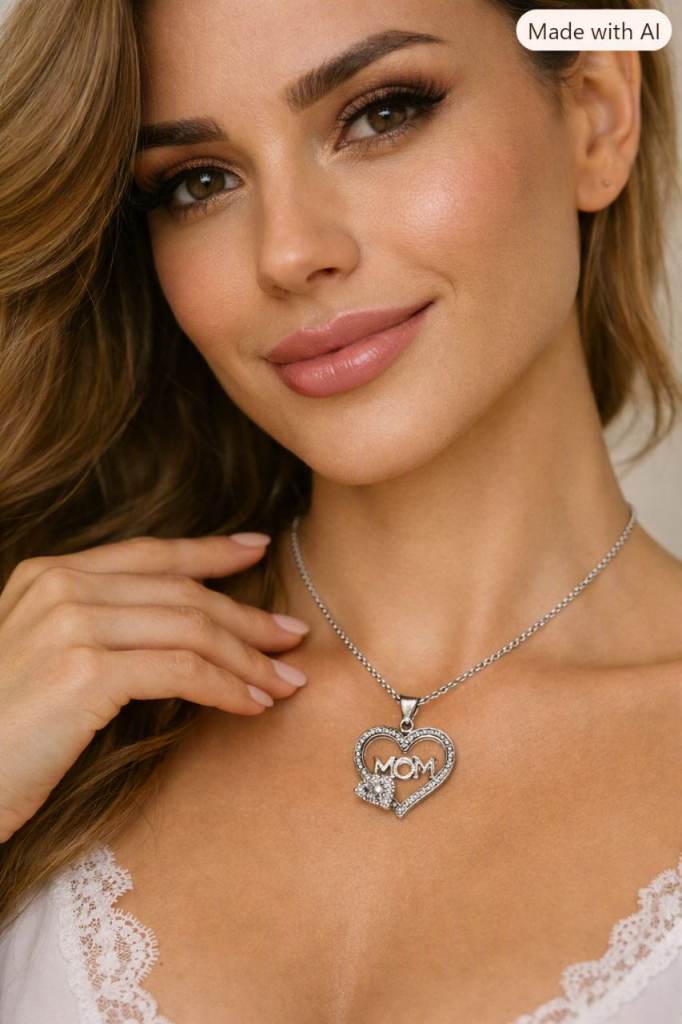 New Silver-Coloured Heart 'Mom' Necklace with Clear Crystals
