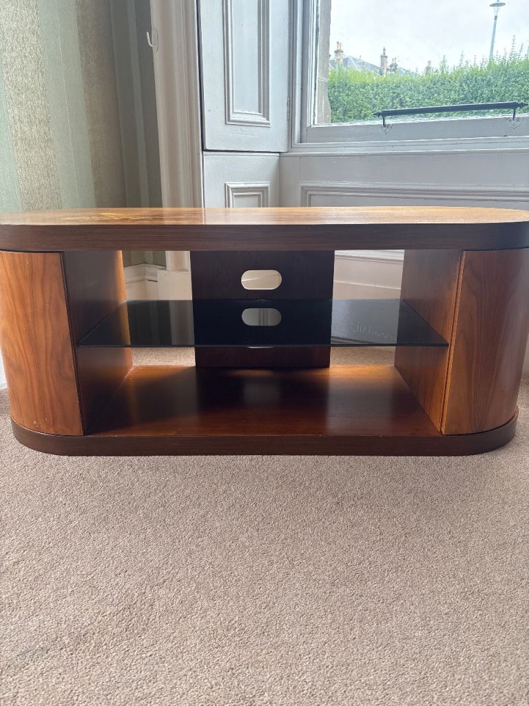 Wooden TV Unit with Glass Shelves – Good Condition