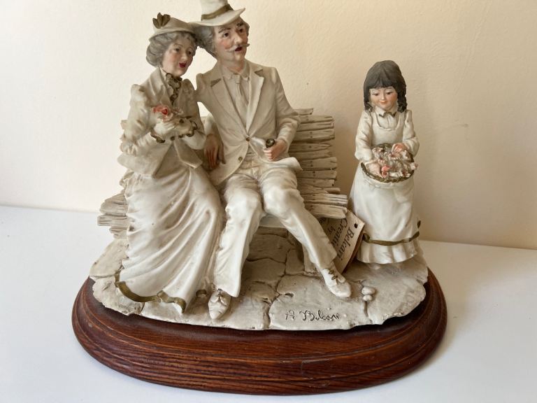 R. Dalpra Ceramic Figurine - Couple with Child on Bench, Excellent Condition