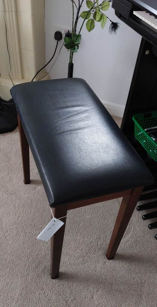 Organ Stool, Black leather look vinyl wipeable top with medium dark legs