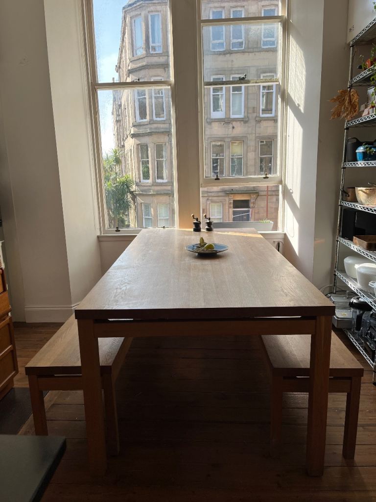 Large Solid Oak Dining Table and Benches 