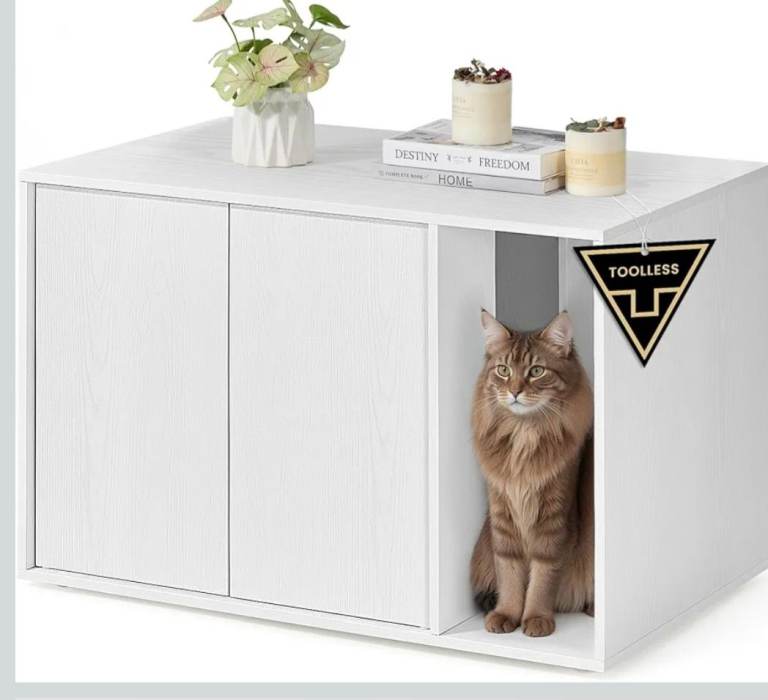 Brand new in box -White Two-Door Cabinet with Open Shelf - hidden cat litter tray 