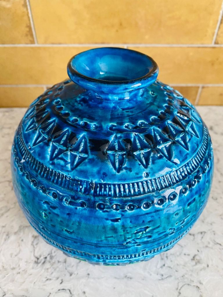 Bitossi Rimini Blue Ball Globe Round Vase Vintage Aldo Londi Italy Mid Century 