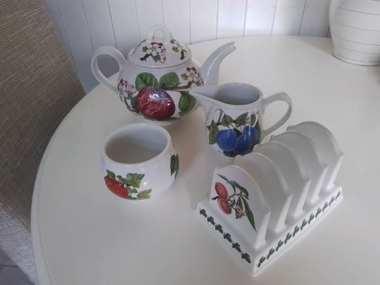 Teapot, Creamer, Sugar Bowl & Toast Rack Set By Portmeirion In Pomona Fruit Design 