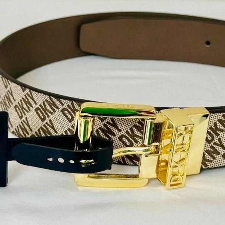 DKNY DONNA KARAN BROWN LOGO  TWIST REVERSIBLE LEATHER BELT MED/LGE