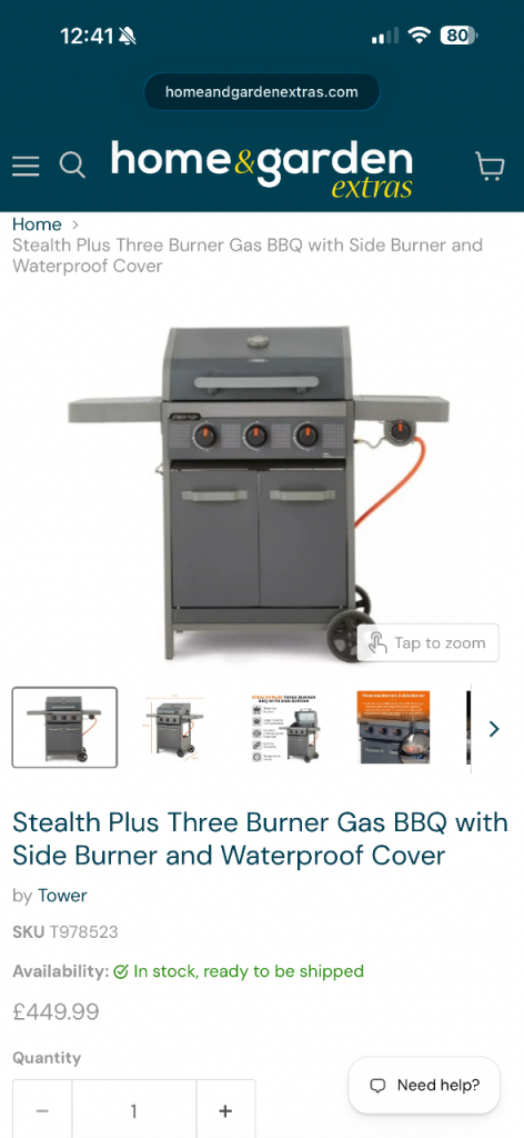 Tower Stealth Plus Three Burner Gas BBQ with Side Burner £100 or with full gas bottle £150