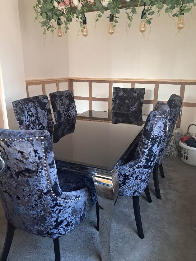 Crushed Velvet Dining Set – Mirrored Table & 6 Chairs