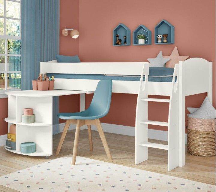 Stompa Uno S Mid Sleeper Kids bed with stairs, pull out desk and shelves – White and Pink